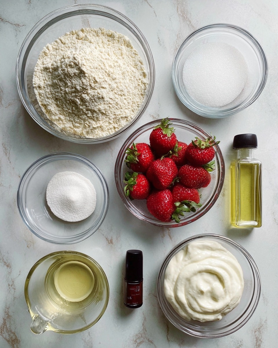 The image shows eight clear glass bowls and a small black bottle arranged on a white marbled surface. The top left bowl is large and filled with light beige flour. To its right is a smaller bowl with white granulated sugar. Below the large bowl is a small bowl with a white powder, probably baking soda or baking powder. The middle right bowl holds bright red strawberries with green tops. A small black bottle is at the bottom left. Next to it is a medium glass measuring cup with a clear liquid. Above it is a smaller bowl filled with a yellow liquid, likely oil. Below the yellow liquid bowl is a bowl of thick white cream or yogurt. At the bottom right is a medium bowl of white granulated sugar. Photo taken with an iphone --ar 4:5 --v 7