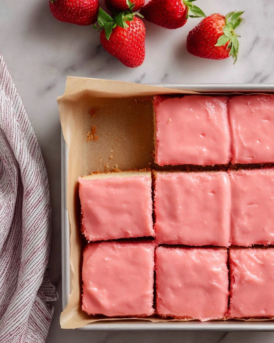 The image shows a rectangular baking pan lined with parchment paper, containing six square pieces of a pink frosted dessert arranged in two rows of three. One piece in the top left corner is missing, revealing a light brown cake base with a smooth, shiny pink frosting layer on top. The frosting is thick and evenly spread, covering the whole top surface of each square. Fresh red strawberries with green leaves are placed above the baking pan on a white marbled surface. A striped cloth is visible on the left side of the image. Photo taken with an iphone --ar 4:5 --v 7