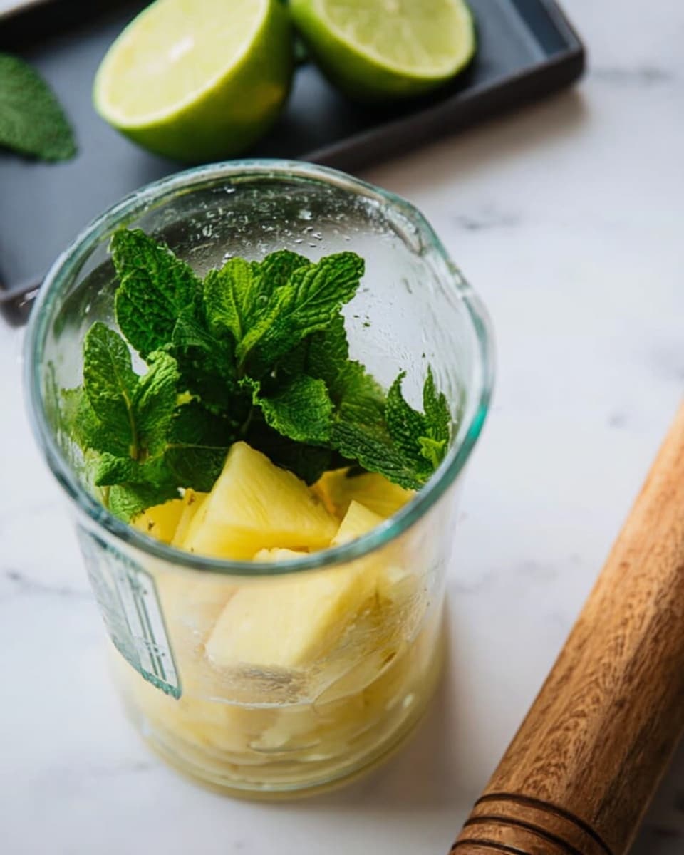The image shows a clear glass pitcher with two layers inside: the bottom layer has translucent pale yellow pieces of pineapple, and the top layer features fresh green mint leaves with visible veins and texture. To the right of the pitcher is a wooden muddler lying flat on a white marbled surface. In the top left corner, there is a black tray with two halved pale green limes visible. The whole scene is set on a white marbled background. photo taken with an iphone --ar 4:5 --v 7