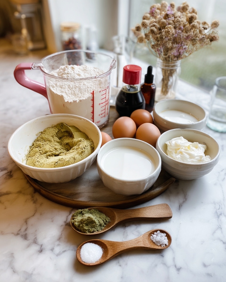 The image shows several ingredients arranged on a white marbled surface placed on a round wooden tray. At the back, there is a clear glass measuring cup filled with flour with a pink handle, next to a small dark glass bottle and a smaller red-capped bottle. In front are two white bowls on the left and right, one filled with milk and the other with sugar. In the center, there are three brown eggs close to a white bowl with some white creamy ingredient. To the left of the eggs is a white bowl filled with a greenish-yellow powder, possibly flour or ground nuts. At the front, three wooden spoons are laid out, one with salt, one with a green paste, and the last one with a white powder, possibly baking soda or baking powder. In the background near the window, there is a small glass with a clear liquid and a bunch of dried flowers. Photo taken with an iphone --ar 4:5 --v 7