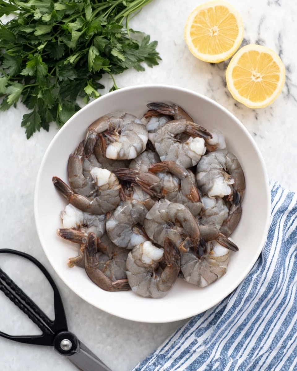 A white bowl filled with a single layer of raw shrimp arranged with tails mostly facing outward, showing their dark gray and slightly translucent shells with hints of white flesh peeking through. The bowl sits on a white marbled surface with a bunch of fresh green parsley in the top left corner and two lemon halves in the top right. Near the bottom left, black kitchen scissors with a textured handle rest on the surface, and a blue and white striped cloth napkin is folded on the bottom right. The photo taken with an iphone --ar 4:5 --v 7