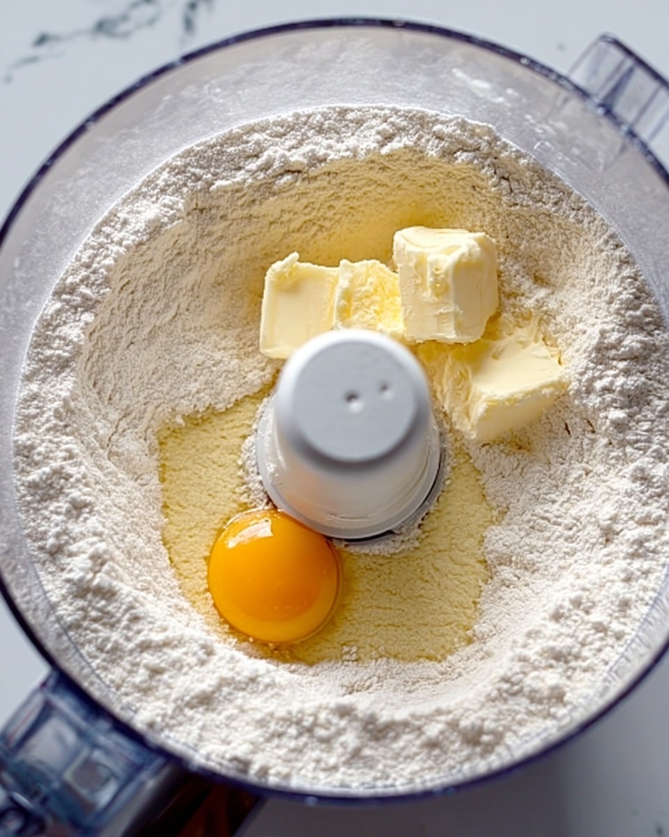 A clear food processor bowl is filled with white flour, three small pieces of pale yellow butter, and one raw egg with a bright yellow yolk sitting on top. The ingredients are not mixed yet, showing the dry flour around the wet parts. A white marbled counter is visible under the bowl. A white mixer part is placed vertically in the center of the flour mixture. Photo taken with an iphone --ar 4:5 --v 7