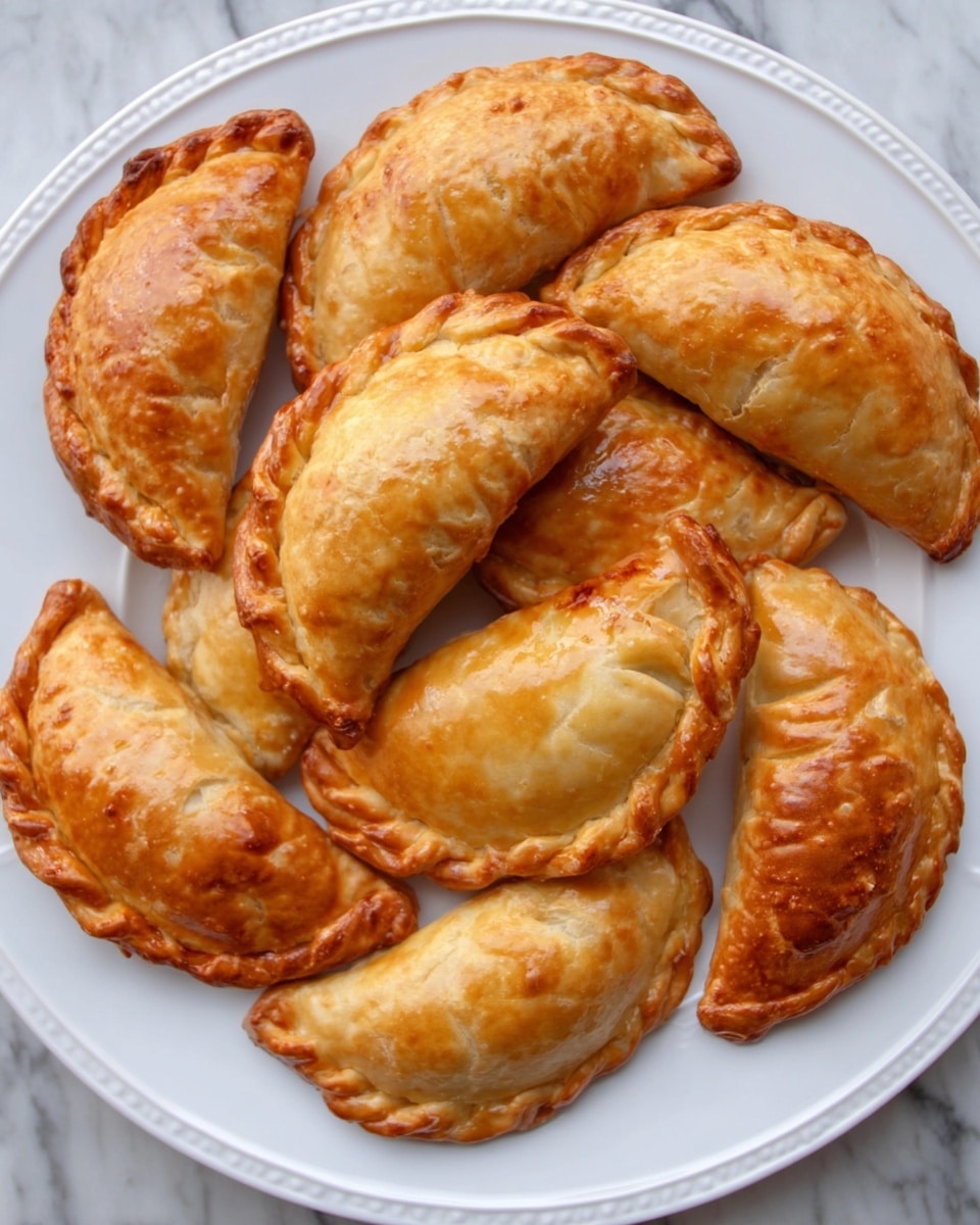 The image shows a white plate with nine golden brown pastries arranged close together. Each pastry has a shiny, crisp crust with a braided or pinched edge, giving them a homemade look. The pastries are all crescent or half-moon shaped, with slightly different sizes and textures on the dough's surface, some smoother and some more crinkled. The plate is placed on a white marbled surface, adding a clean and bright background to the warm tones of the pastries. photo taken with an iphone --ar 4:5 --v 7