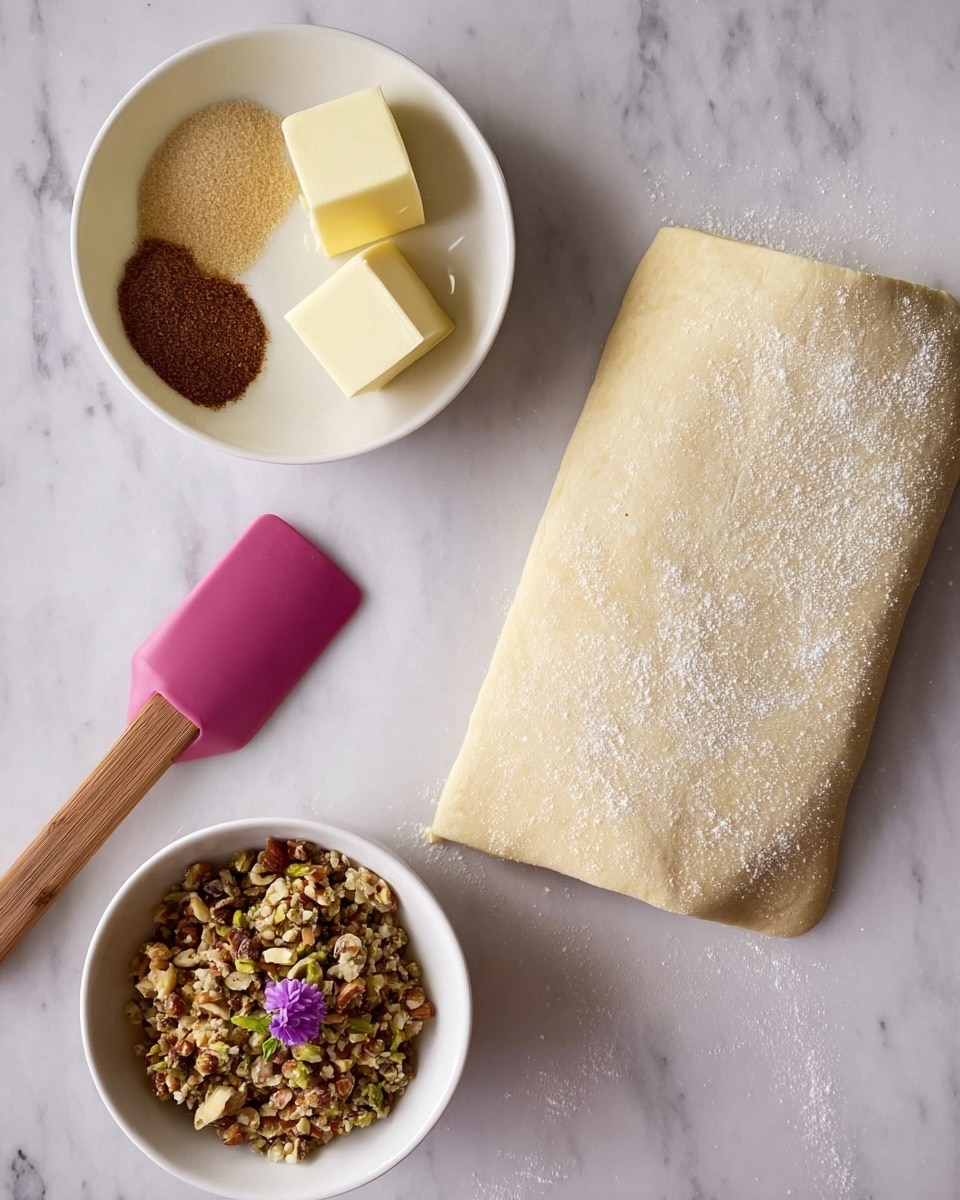 The image shows three main items placed on a white marbled surface: on the right, there is a folded sheet of light beige dough with a dusting of flour on top,
in the top center, a white bowl contains three separated ingredients — a pale yellow cube of butter, light brown granulated sugar, and a small pile of dark brown cinnamon powder, and in the bottom left, another white bowl holds a mix of crushed nuts in various shades of light brown and green, accented by a small purple flower. Next to this bowl, a pink silicone spatula with a wooden handle lies on the surface. photo taken with an iphone --ar 4:5 --v 7