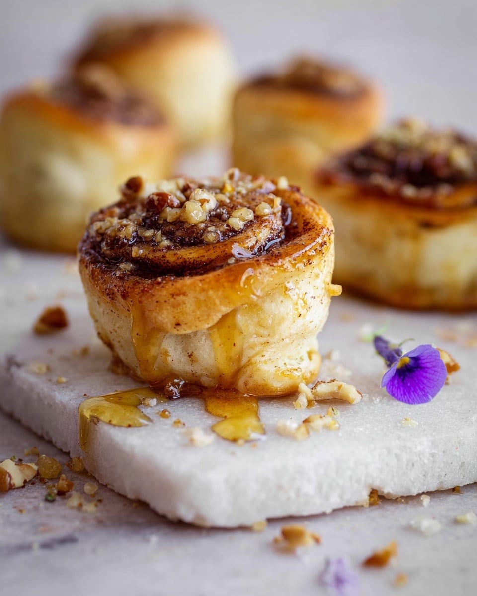 The image shows a close-up of a cinnamon roll with a bite taken out of it, revealing soft, layered dough inside swirled with a dark brown cinnamon filling mixed with small nut pieces. The top layer is a golden-brown crust with a slightly glossy finish, and a sticky syrup drips down from the center onto a white marbled surface beneath it. Around the main cinnamon roll, there are whole rolls with a similar golden top, and small purple flowers gently placed nearby for decoration. The scene is bright with a shallow focus highlighting the texture and gooey center of the bitten roll, photo taken with an iphone --ar 4:5 --v 7