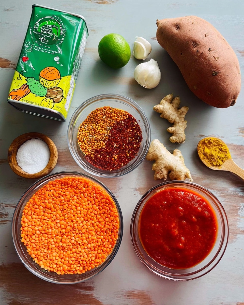 The image shows various cooking ingredients arranged on a white marbled surface. In the center, there is a clear glass bowl filled with bright orange lentils. To its right, a smaller clear glass bowl holds a mix of orange and red spices. Below that, a larger clear glass bowl contains a rich red tomato sauce with a smooth texture. At the top right corner, a whole brown sweet potato rests on the surface. On the left side, a closed green carton with vegetable illustrations stands next to a green lime. Above them, a can of coconut milk with a green label and yellow details is placed. Below the lime, three garlic cloves and two small pieces of ginger root lie next to a small bowl filled with white salt and a wooden spoon holding a bit of mustard-yellow paste. The whole setting is well lit and simple. Photo taken with an iphone --ar 4:5 --v 7