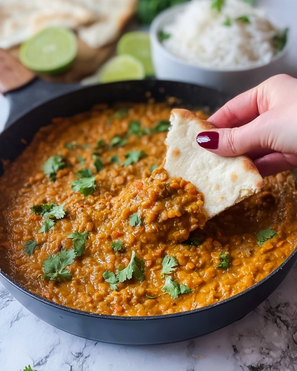 A black pan filled with a thick orange-brown lentil dish with visible small chunks and a creamy texture, topped with scattered bright green fresh cilantro leaves. A white piece of flatbread is dipped halfway into the dish, held by a woman's hand with dark red nail polish. In the background, a small white bowl filled with fluffy white rice and a blurred wedge of lime sit on a white marbled surface. Photo taken with an iphone --ar 4:5 --v 7