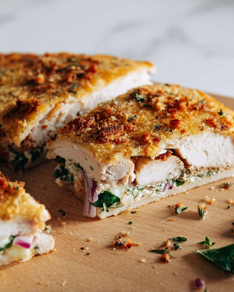 A thick sandwich is shown on a wooden board with a white marbled background, cut in half to reveal its layers. The bottom layer has green leaves that look fresh, topped with several slices of light-colored cooked meat. Above the meat is a layer of creamy white sauce mixed with small bits of red onion. Next is a thick piece of bread with a golden crust on top, sprinkled with white grated cheese and small orange bits, possibly carrots or another vegetable. The bread looks soft inside but crisp on the outside. Tiny crumbs and bits of food are scattered around the sandwich on the board. photo taken with an iphone --ar 4:5 --v 7