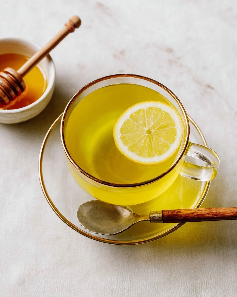 A glass cup filled with bright yellow tea, topped with a single round slice of lemon floating near the surface, is placed on a clear glass saucer. A wooden-handled spoon with a metal bowl rests on the saucer. To the upper left, there is a small white bowl filled with golden honey with a honey dipper resting inside it. The whole setup is on a white marbled textured surface. photo taken with an iphone --ar 4:5 --v 7