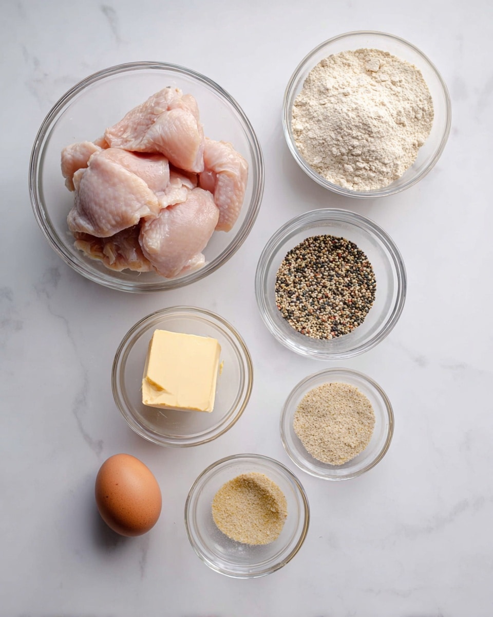 The image shows six glass bowls arranged on a white marbled surface. In the bottom left, a large clear bowl holds several pieces of raw pale pink chicken. Above it, a medium bowl contains a light beige powder, likely flour. To the top right of the flour, a small bowl is filled with a mix of black, white, and beige seeds and spices. Below that, a small bowl holds a square piece of light yellow butter. To the left of the butter, another small bowl contains a brown egg. Lastly, a small bowl with a light tan powder is placed at the bottom right corner. The bowls are arranged with space between them, all clearly visible. photo taken with an iphone --ar 4:5 --v 7