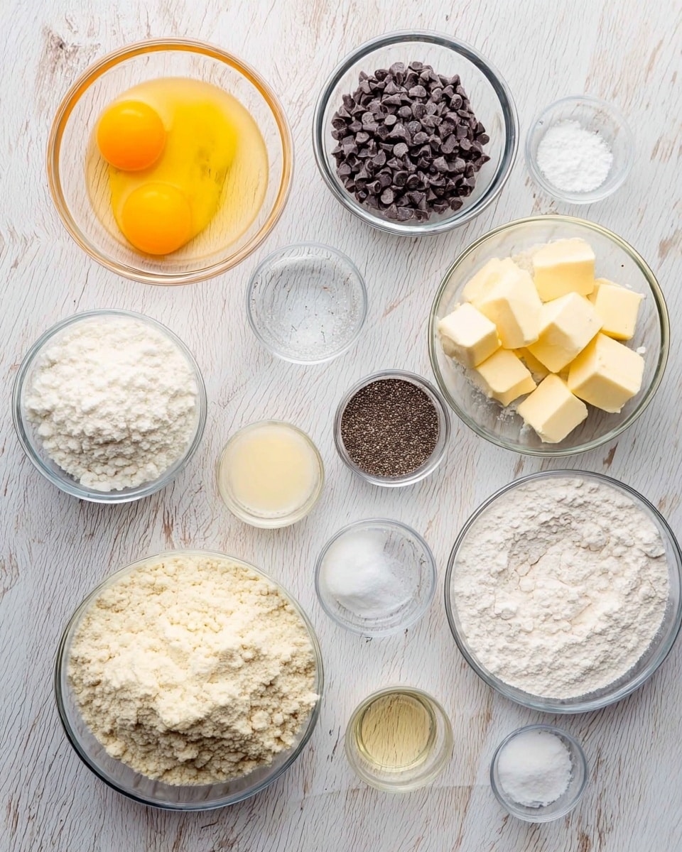The image shows a top view of several clear glass bowls with different baking ingredients arranged neatly on a white marbled surface. There are two raw eggs in one bowl with bright yellow yolks, a bowl filled with small dark chocolate chips, and a bowl with solid pale yellow butter pieces. A larger bowl holds fluffy light beige almond flour, while another clear bowl contains white powdered sugar. There is also a bowl with fluffy white flour, a small bowl with black chia seeds, and another tiny bowl filled with white baking powder. A glass with water and a couple of tiny bowls with salt and vanilla extract complete the setup. The overall look is clean, simple, and organized. photo taken with an iphone --ar 4:5 --v 7