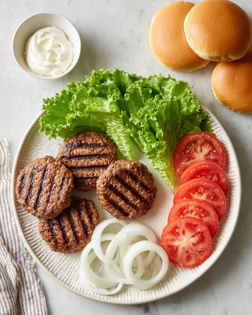 The image shows a white patterned plate on a white marbled surface holding four grilled burger patties with dark grill marks arranged in a square form on the lower left side. Above the patties, there are several fresh green leafy lettuce leaves spread out in a fan shape. To the right of the lettuce, there is a neat stack of five bright red tomato slices, each showing seeds and inner texture. Below the tomato, there are four large white onion rings placed in a small cluster. At the top right corner, two plain golden-brown hamburger buns rest on the white marbled surface. At the top left side, there is a small white bowl filled with white creamy mayonnaise. photo taken with an iphone --ar 4:5 --v 7