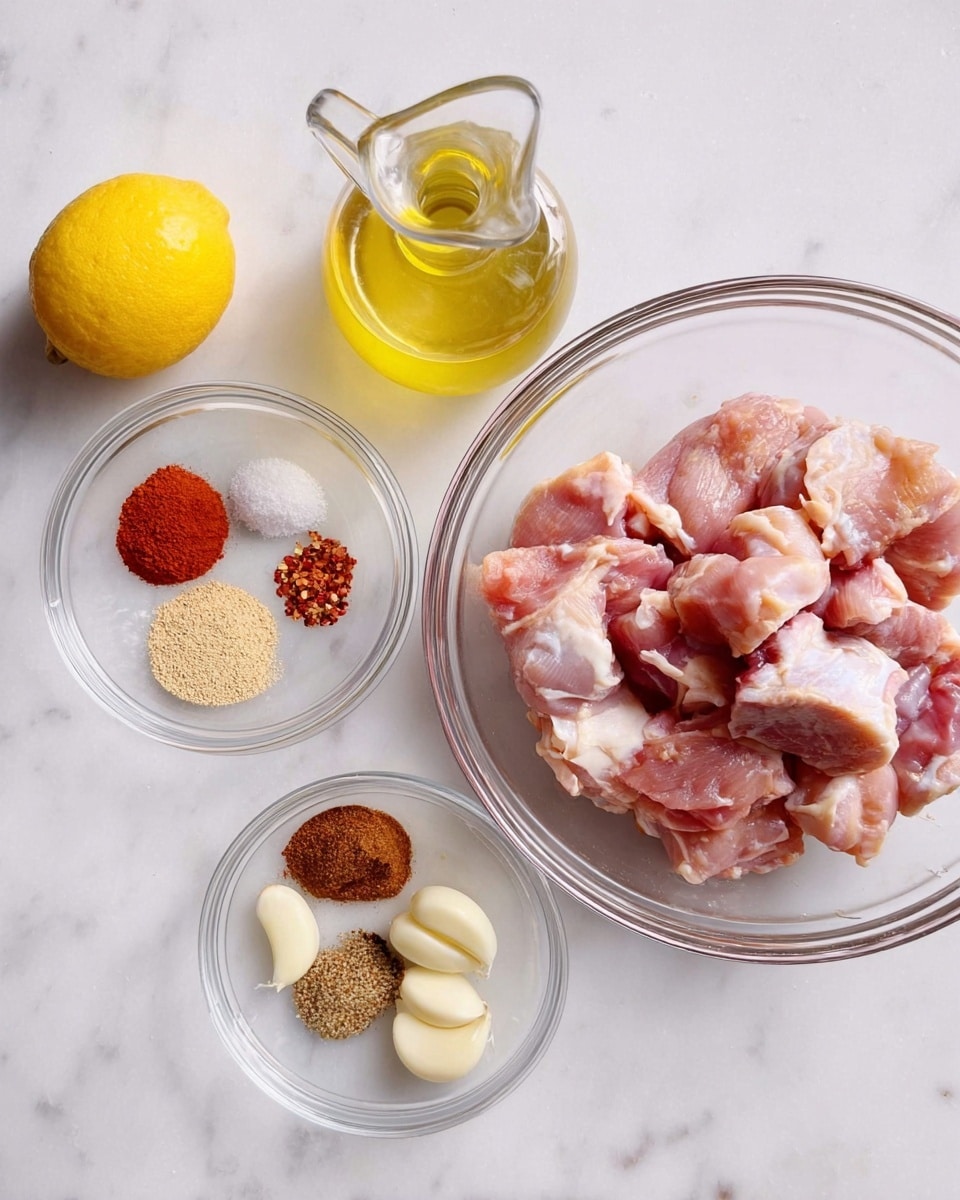 The image shows a top view of six ingredients arranged on a white marbled surface. On the right, there is a large clear glass bowl filled with raw pink chicken pieces with white fat visible. Below and slightly to the left of this, a smaller clear glass bowl holds a neat pile of various spices: a reddish powder, a light brown powder, a darker brown powder, white salt, cinnamon-colored powder, and red chili flakes. Above the spice bowl, there is a small clear glass bowl containing five peeled garlic cloves. To the far left of the garlic bowl, a whole yellow lemon sits next to a clear oil bottle filled with yellow oil and a spout. The scene is well lit, clean, and simple. photo taken with an iphone --ar 4:5 --v 7