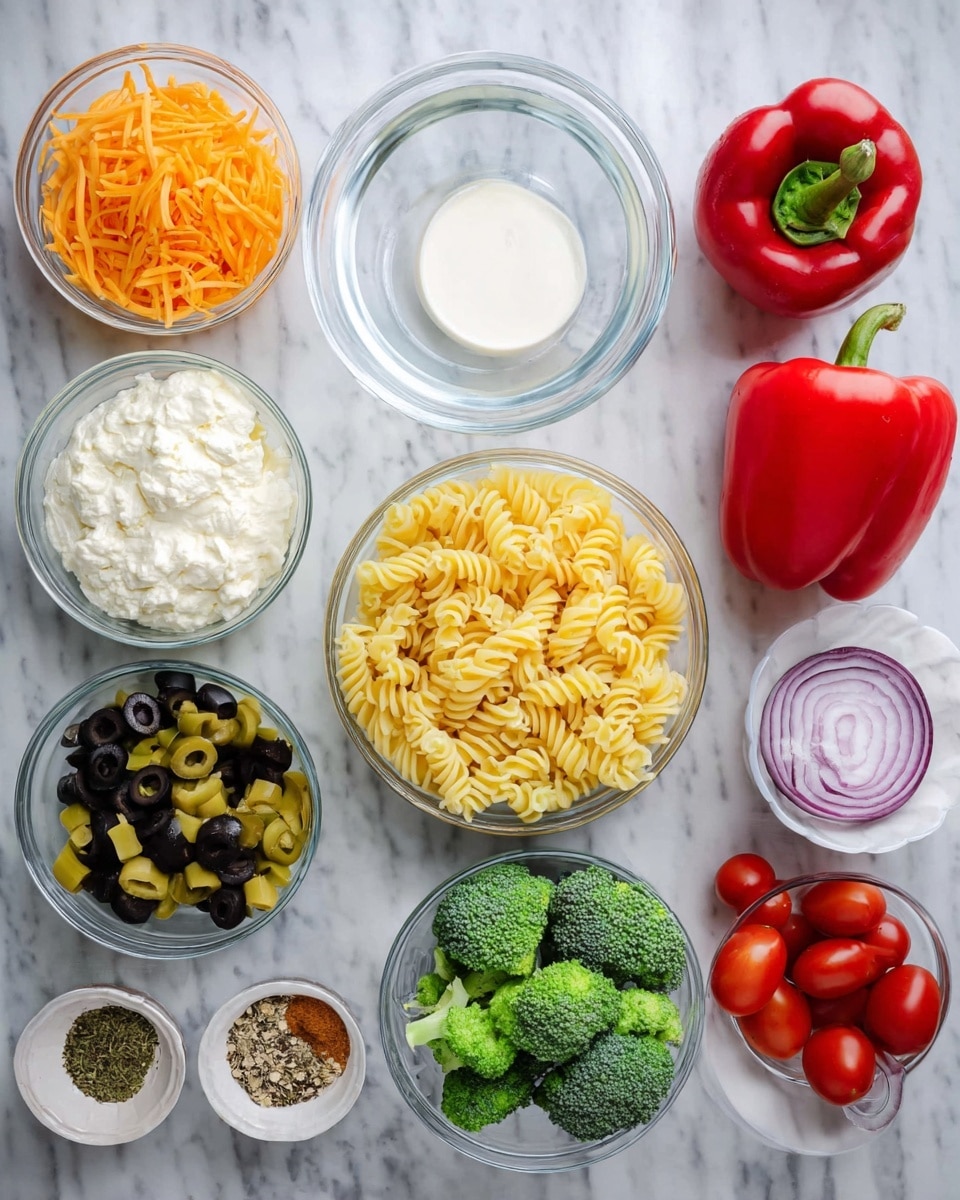 The image shows a white marbled surface with several clear glass bowls filled with different ingredients. In the center, there is a large bowl with yellow rotini pasta. To its left are bowls containing shredded orange and yellow cheese, sliced black olives, and chopped broccoli. A small bowl with mixed dry herbs and spices sits near the front. At the back, there is a round container of white cream cheese, a small glass of milk, a red onion, whole cherry tomatoes in a bowl to the right, and a large red bell pepper on the far left. A woman's hand holds a clear glass bowl of water. photo taken with an iphone --ar 4:5 --v 7