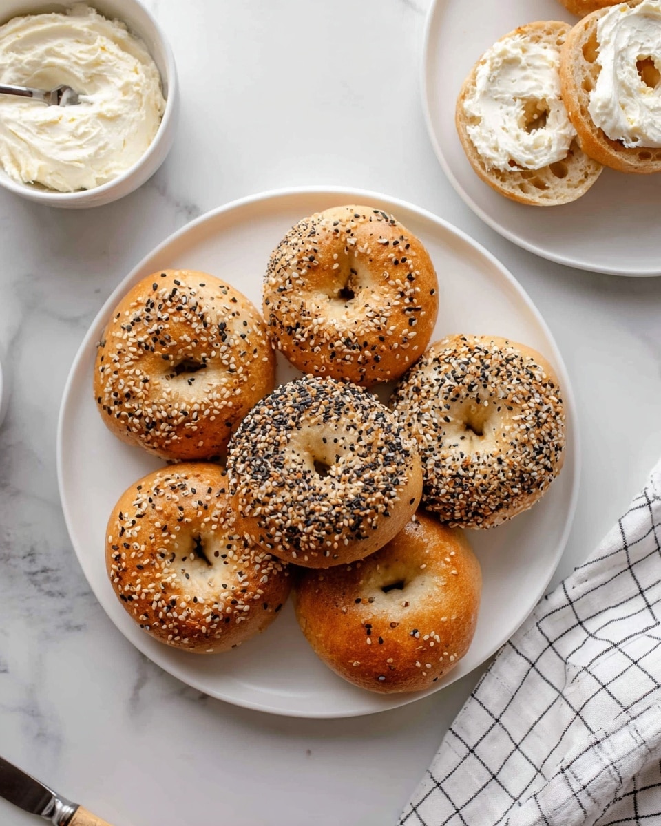 Four evenly spaced golden brown bagels, each topped with a mix of black and white sesame seeds, small bits of dried onion, and coarse salt, sit on white parchment paper lining a silver baking tray. The bagels have a slightly shiny, smooth crust with a soft, dense texture visible near their central holes. The background is a white marbled texture, and in the top left corner, a small white bowl contains extra seed and seasoning mix. Photo taken with an iphone --ar 4:5 --v 7