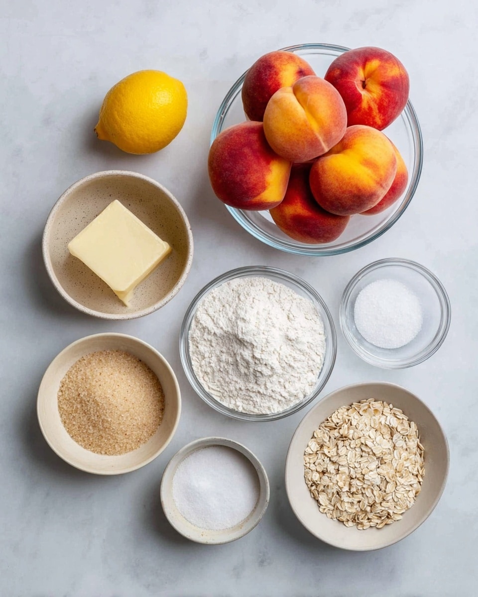 This image shows several baking ingredients arranged neatly on a white marbled surface. On the top right, there is a clear glass bowl filled with seven whole peaches, showing their bright red and yellow skin. Below and to the left is a small glass bowl with a stick of pale yellow butter. Surrounding these central items are various smaller bowls: a beige bowl with light brown sugar granules at the bottom left, a clear glass bowl with white flour under the butter, a beige bowl with white powder and a small bit of brown cinnamon on the right, a white bowl with pale rolled oats at the top center, a small glass bowl with white granulated sugar near the middle, and a tiny glass bowl with salt near the top left. A whole yellow lemon sits to the far left of the arrangement. The ingredients are spaced with care, all on the white marbled texture beneath them. photo taken with an iphone --ar 4:5 --v 7