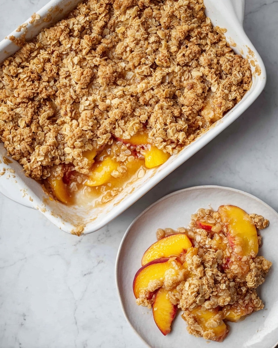 The image shows a white rectangular baking dish filled with a peach crisp, with a thick top layer of golden brown oat crumble that has a rough texture and looks crunchy. Underneath, sliced peaches in warm yellow and orange tones are slightly visible, peeking through the gaps in the oat topping. A portion of the crisp has been served onto a white plate placed nearby, showing soft peach slices on the bottom layer covered partially by the oat crumble on top. The surface under the dish and plate is a white marbled texture. photo taken with an iphone --ar 4:5 --v 7