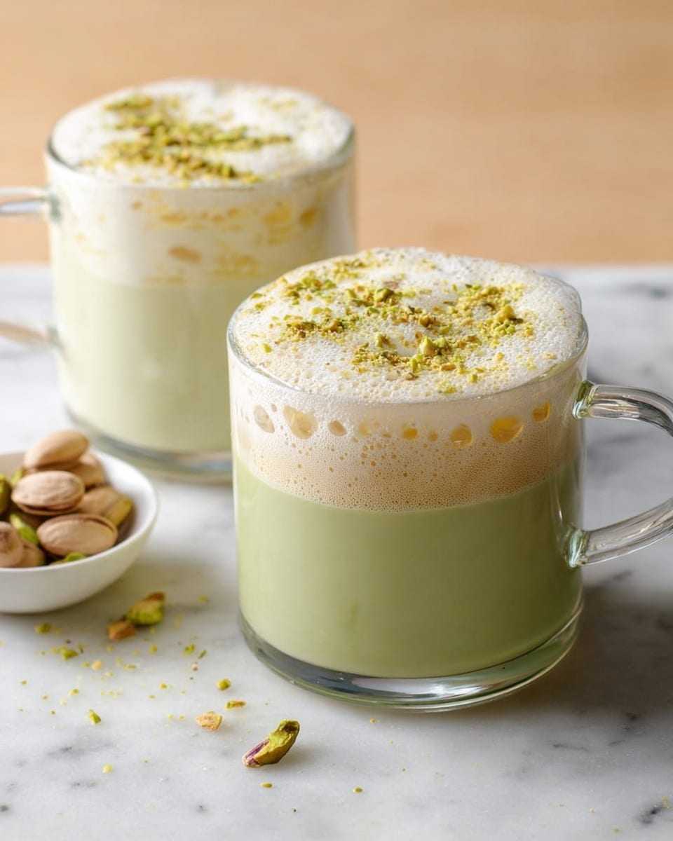 The image shows two clear glass cups filled with a layered green and creamy white drink on a light wooden surface with a white marbled background. The front cup is a glass mug with a handle, featuring a bottom layer of thick green liquid, a middle layer of swirling creamy white foam mixed with spots of green, and a top layer of frothy cream sprinkled with green powder. The cup behind is taller with a clear straw, displaying a thick green layer at the bottom, a creamy white middle layer with ice cubes floating inside, and a thick foamy top sprinkled with green powder. A small white bowl with green nuts is partly visible on the right side. Photo taken with an iphone --ar 4:5 --v 7