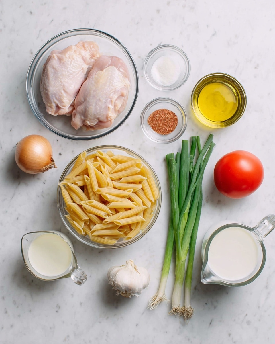 The image shows raw ingredients neatly arranged on a white marbled surface. There are two raw chicken pieces placed inside a clear glass bowl in the upper left. Below that is a clear glass bowl filled with dried penne pasta, which are short, tube-shaped and light yellow. Next to the pasta bowl is a small clear bowl with reddish seasoning powder. Above that is a tiny bowl of white salt. To the right of the chicken are a small glass measuring cup filled with light yellow liquid and three green onions grouped together with fresh green tops and white bottoms. Above the green onions is a single fresh red tomato. In the upper right corner is a clear glass bottle with golden olive oil inside. Below the olives oil is a clear glass measuring cup filled with white milk. Near the green onions and milk are two garlic cloves and a whole yellow onion. The photo taken with an iphone --ar 4:5 --v 7