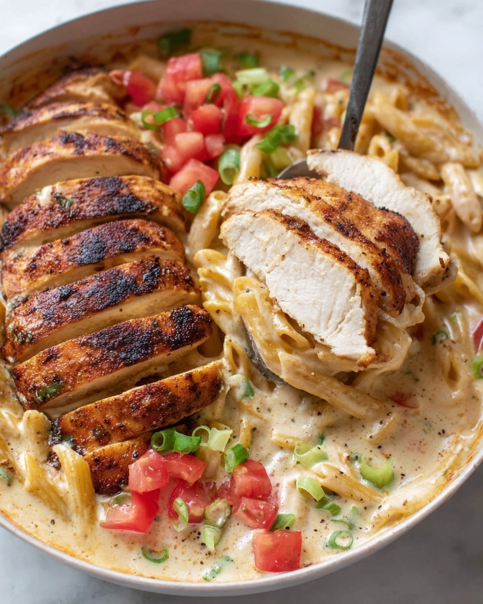 A close-up of a white bowl filled with creamy pasta as the bottom layer, coated in a light beige sauce with specks of black pepper. On top, there are several sliced grilled chicken pieces with a golden brown, slightly charred texture. The chicken slices are arranged neatly on one side of the bowl. The dish is garnished with small diced red tomatoes and thin green onion slices scattered over the chicken and pasta. A spoon is lifting a bite of a chicken slice with pasta, showing the tender white inside of the chicken. The background is a white marbled texture. Photo taken with an iphone --ar 4:5 --v 7