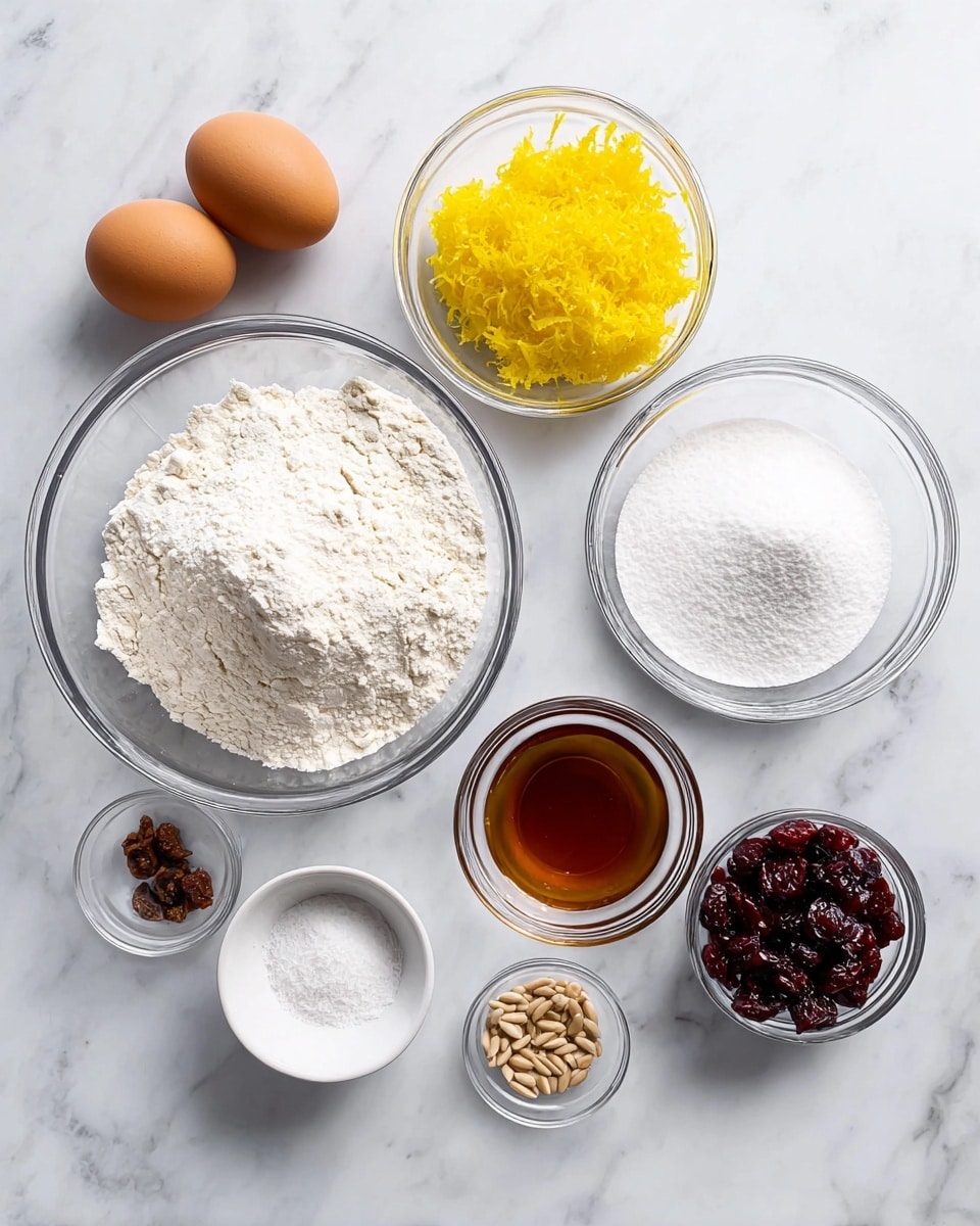 The image shows several clear round bowls and two brown eggs placed on a white marbled surface. In the center is a large glass bowl filled with white flour. To the right of it is another large glass bowl filled with white sugar, and next to that is a smaller glass bowl containing a dark amber liquid. Above the flour bowl is a glass bowl with bright yellow lemon zest, and to the right is a glass bowl of dark red dried cranberries. Below the lemon zest are two small white dishes, one with fine white powder, and the other with a few light brown seeds or spice pieces arranged neatly inside. Two brown eggs lie to the left of these bowls. photo taken with an iphone --ar 4:5 --v 7