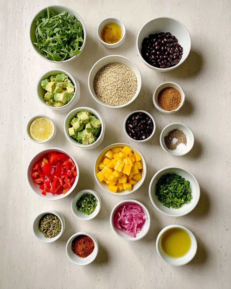 The image shows 17 small white bowls and containers placed neatly on a white marbled surface, each filled with a different colorful ingredient. Starting from the top left, there is a bowl with green arugula leaves next to a bowl with light beige quinoa. Below, there is a bowl with black beans, a bowl of diced bright yellow mango, and fresh green chopped cilantro. Small bowls with pumpkin seeds, chopped spinach, minced garlic, and salt and pepper follow. On the left side, small bowls contain diced avocado, chopped red bell peppers, light yellow lemon juice, and pink pickled onions. On the right side, there are bowls with olive oil, yellow mustard, and a mixture of spices with reddish and brown shades. All ingredients show fresh, vibrant textures with clear details. Photo taken with an iphone --ar 4:5 --v 7