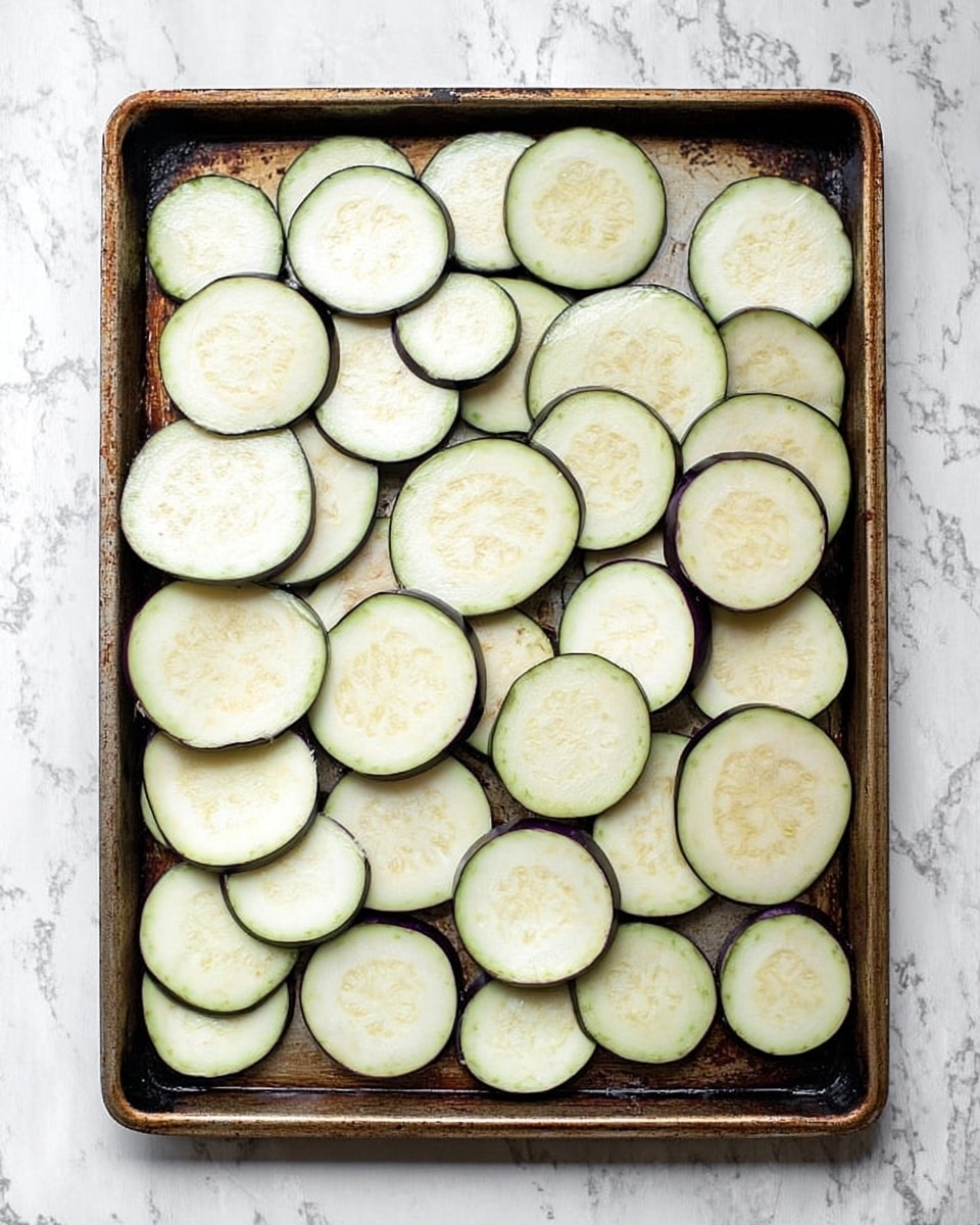 A baking tray filled with one layer of evenly spaced raw eggplant slices. The eggplant slices are round with a pale greenish-white inside and a dark purple skin edge. The slices vary slightly in size and are arranged to mostly cover the entire surface of the tray. The tray itself is slightly worn and sits on a white marbled textured background. photo taken with an iphone --ar 4:5 --v 7