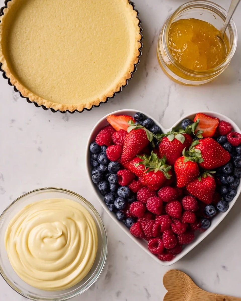 The image shows a white marbled surface with a round tart crust on the upper left, light golden brown and pressed into a fluted tart pan. In the middle, there is a heart-shaped white plate filled with three layers of fresh fruit: the bottom layer is dark blue blueberries, the middle layer is bright red strawberries with green tops, and the top layer is vibrant red raspberries. On the lower left, there is a clear bowl filled with smooth, pale yellow cream with swirls on the surface. To the right of that bowl, there is a small glass jar filled with golden yellow jam. Above the jar and to the right, a wooden spoon with a heart-shaped cutout lies on the white marbled surface. Photo taken with an iphone --ar 4:5 --v 7