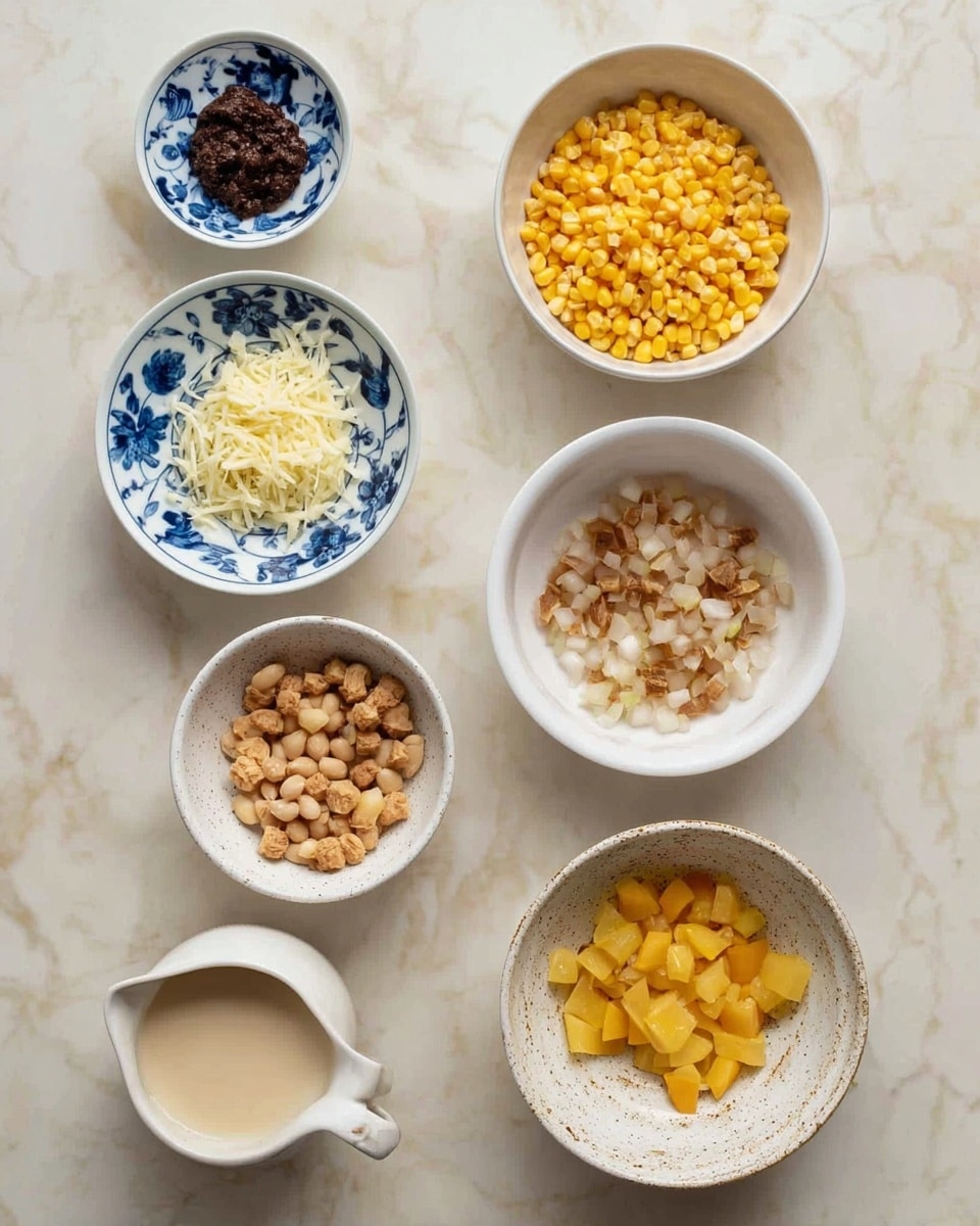 There are eight bowls on a white marbled surface. On the top row, from left to right, there is a small white bowl with blue flower patterns filled with a small amount of liquid, a small white bowl with blue flower patterns holding a dark brown paste, and a small white bowl filled with mixed shredded white and yellow cheese. On the middle row, from left to right, there is a white bowl filled with yellow corn kernels, a white bowl holding chopped onions, and a speckled white bowl filled with small brown chunks. On the bottom row, there is a white pitcher with beige creamy liquid, a white bowl filled with light brown beans, and a white bowl holding yellow diced pieces. photo taken with an iphone --ar 4:5 --v 7
