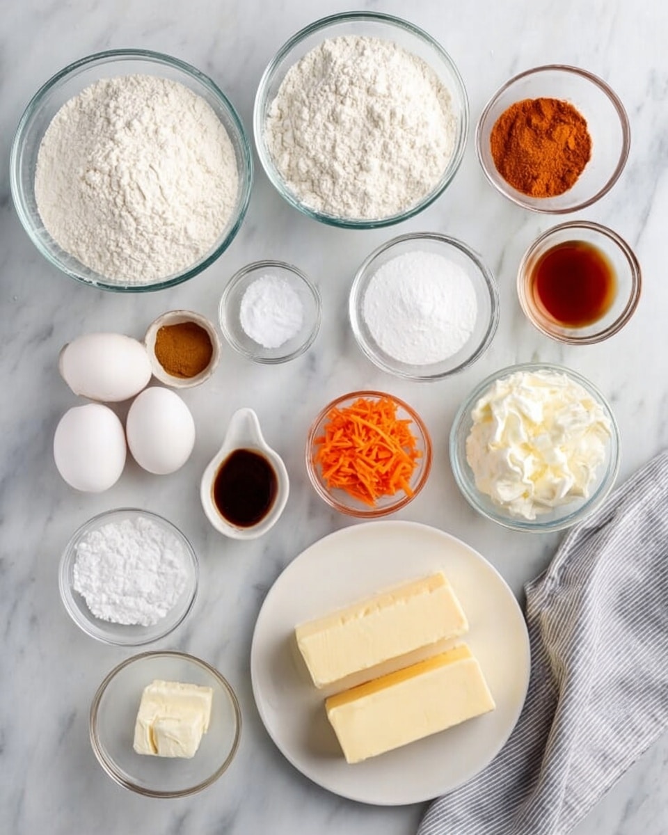 The image shows a white marbled surface with various small clear bowls and two white plates arranged neatly, each holding different baking ingredients. The top row from left to right has a glass bowl filled with white flour, a small bowl with a reddish-brown powder, a tiny bowl of white salt, a bowl with brown sugar, and a clear bowl with two raw eggs. Below that, there is a bowl of white powdered sugar, a small bowl of white sugar, a small bowl with shredded orange carrots, a small bowl with white cream, a tiny bowl with baking powder, and a small clear bowl of vanilla extract. At the bottom, two sticks of pale yellow butter lie on a white plate, and another white plate holds blocks of solid white cream cheese. On the far right, a folded light gray and white striped cloth rests on the marble surface. Photo taken with an iphone --ar 4:5 --v 7