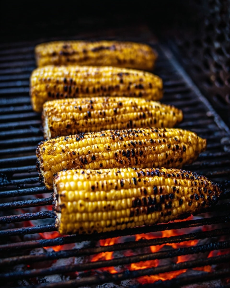Five pieces of corn on the cob are placed side by side on a grill. Each piece has a yellow color with charred black spots scattered evenly over the kernels, showing they are cooked on the grill. The grill bars are dark metal, and beneath them, small orange and red flames and glowing coals are visible, giving a warm tone to the image. The background is dim and out of focus, emphasizing the grilled corn. photo taken with an iphone --ar 4:5 --v 7
