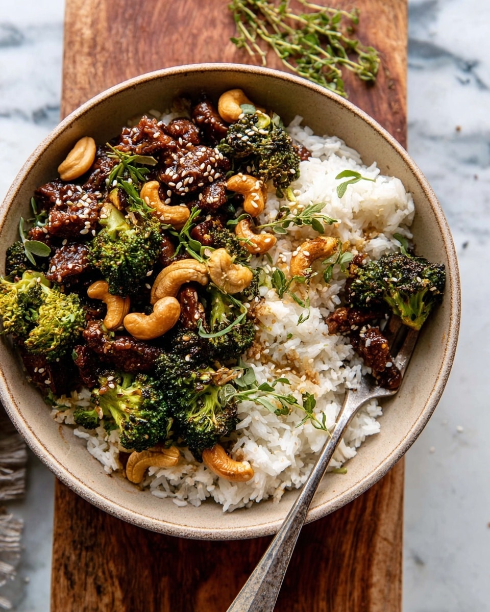 A beige bowl filled with three layers: the bottom layer is white rice with a fluffy texture, the middle layer has small pieces of dark brown cooked meat and roasted broccoli, and the top layer is golden cashew nuts and fresh green herb sprigs scattered on top. There are white sesame seeds sprinkled over the meat and vegetables, giving a shiny look. A silver fork with a piece of broccoli and rice is resting on the right side of the bowl. The bowl is placed on a wooden board over a white marbled surface. photo taken with an iphone --ar 4:5 --v 7