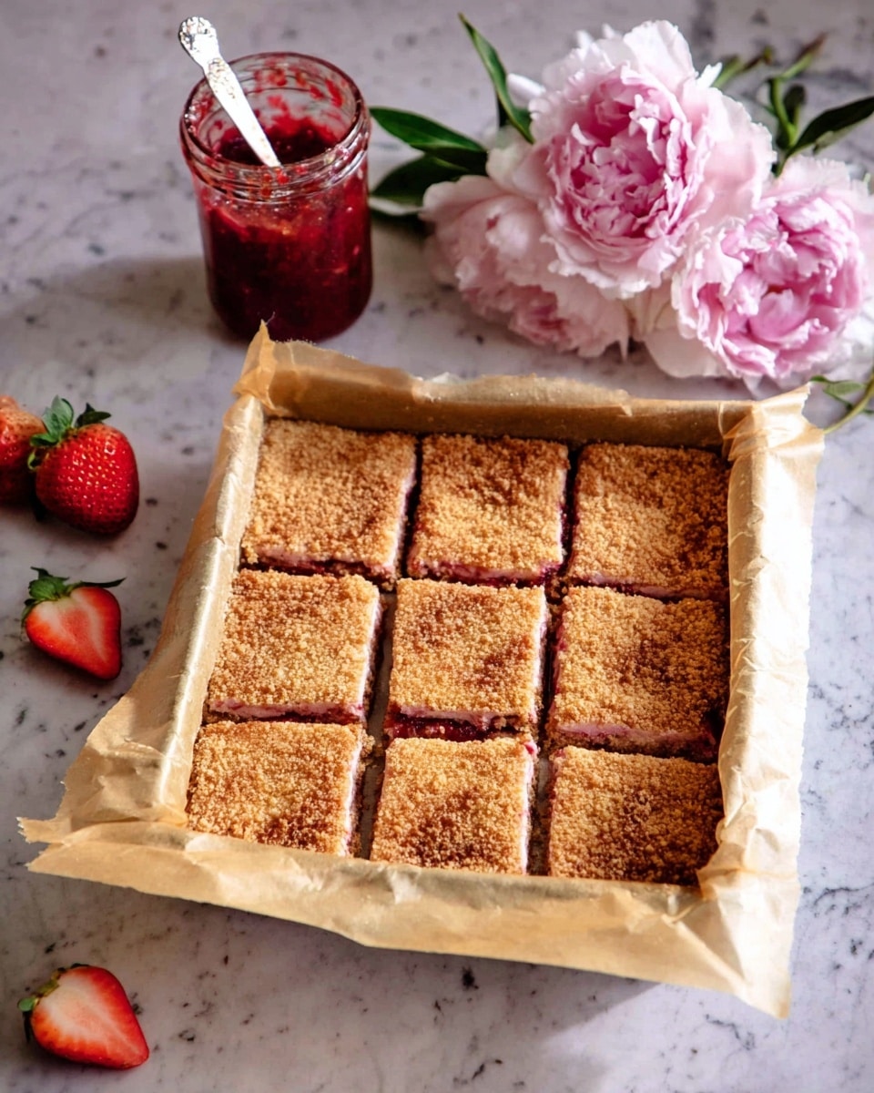A square baking pan lined with parchment paper holds nine cut dessert squares arranged in a 3x3 grid, each topped with a lightly browned, textured golden-brown crust layer, with some pinkish filling visible at the edges. Behind it is a glass jar with red jam residue and a white spoon inside. Next to the jar are soft pink and white peony flowers and two whole strawberries on a white marbled surface. photo taken with an iphone --ar 4:5 --v 7