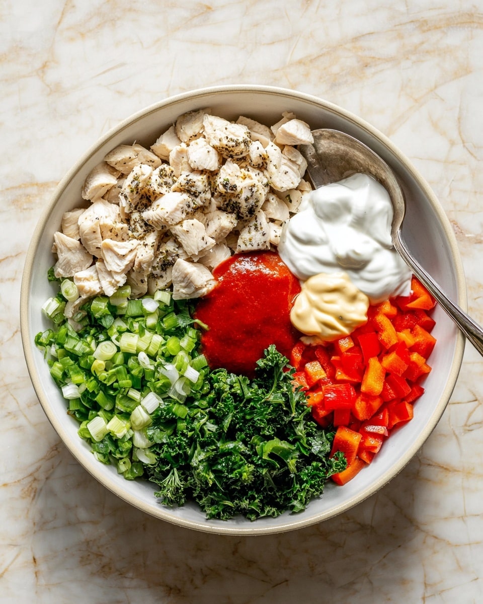 A white bowl filled with seven distinct ingredient sections arranged side by side without mixing: top left has diced cooked chicken pieces in light beige with black pepper flecks, next to it on the right are chopped green onions with a mix of light and dark green shades, below the green onions is chopped fresh cilantro in dark green, bottom right features small diced red bell peppers with bright red color, bottom left contains a smooth dollop of white yogurt, above the yogurt is a smaller dollop of pale yellow mayonnaise, and to the left of the mayonnaise is a thick bright red sauce. A silver spoon rests on the bowl's upper left edge. The bowl is placed on a white marbled surface. Photo taken with an iphone --ar 4:5 --v 7