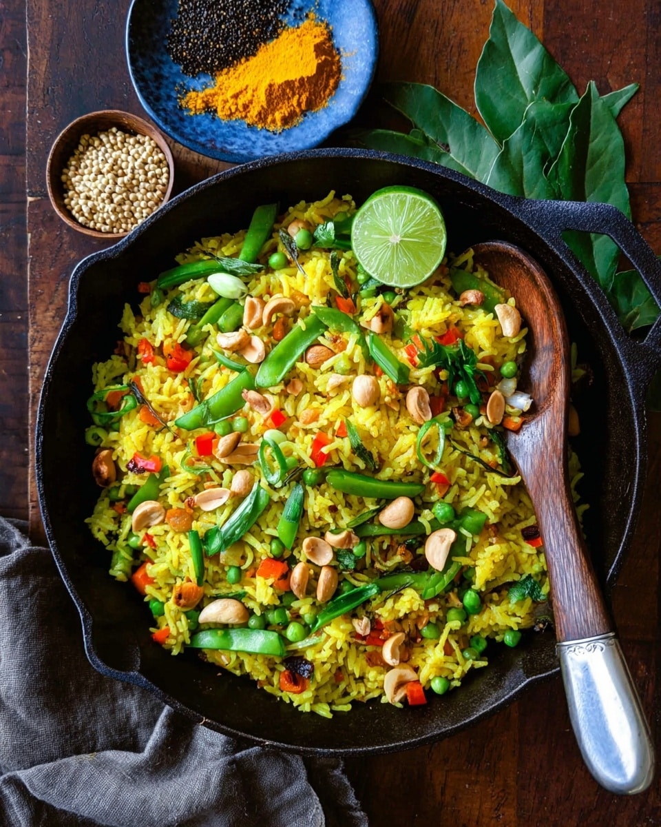 A close-up view of a pan filled with a colorful rice dish featuring yellow rice as the base layer, mixed with green sugar snap peas, red bell pepper pieces, and roasted peanuts scattered throughout. On top, some green chili peppers add texture and height, with sliced green onions sprinkled lightly. A half lime sits at the back edge of the pan, adding a fresh citrus touch. The pan rests on a dark wooden surface, partially covered by a beige cloth with black stripes. In the background, a white marbled small plate holds a few green chilies and orange pieces. Photo taken with an iphone --ar 4:5 --v 7
