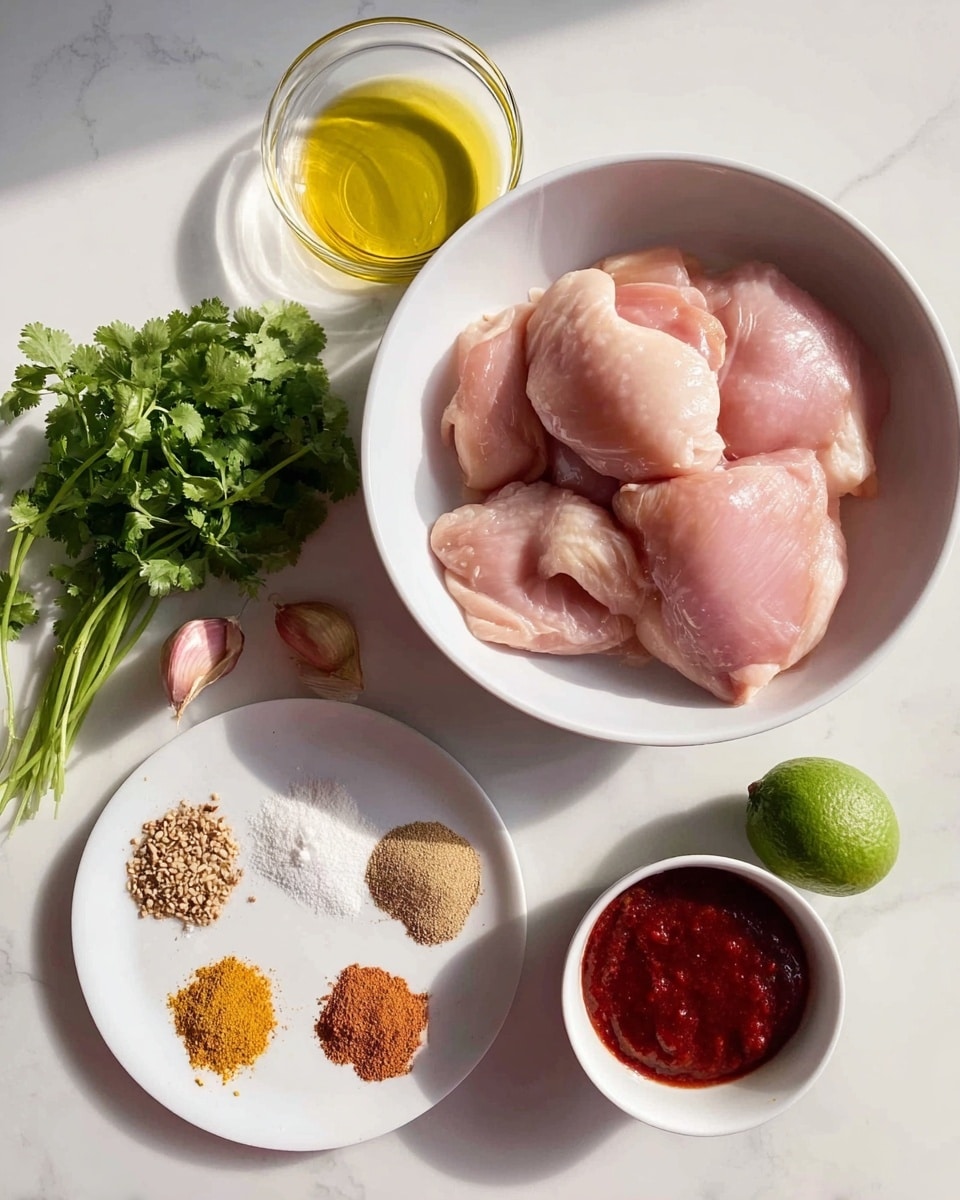 The image shows a white bowl filled with five pieces of raw, light pink chicken placed in the center on a white marbled surface. To the left of the bowl, there is a small clear glass bowl containing yellow oil and a bunch of fresh green cilantro with leaves and stems. Below the chicken, a white plate holds six different spices in small piles, each with distinct colors: golden yellow, reddish brown, light brown, dark brown, white, and a pale tan. To the right of the chicken bowl, there is a white bowl with a thick red sauce, a whole small shallot with its skin, a clove of garlic, and a whole green lime. All items are neatly arranged and well-lit in natural light. photo taken with an iphone --ar 4:5 --v 7