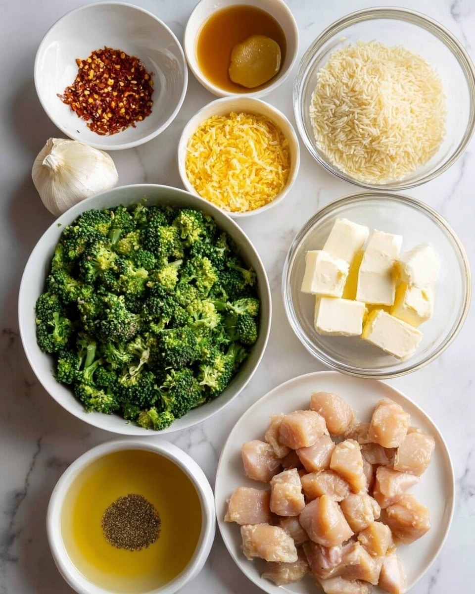 The image shows several bowls of different ingredients on a white marbled surface. There is a large white bowl filled with bright green chopped broccoli, surrounded by smaller white bowls containing yellow grated cheese, red chili flakes, light brown broth, shredded pale yellow rice, and minced garlic on a white plate. Cubes of white cheese are on another white plate. A clear glass bowl has melted butter, and a transparent round dish holds raw, cubed, light pink chicken pieces seasoned with black pepper. The colors range from green to yellow, light brown, white, and pink, arranged neatly in a flat lay style. Photo taken with an iphone --ar 4:5 --v 7