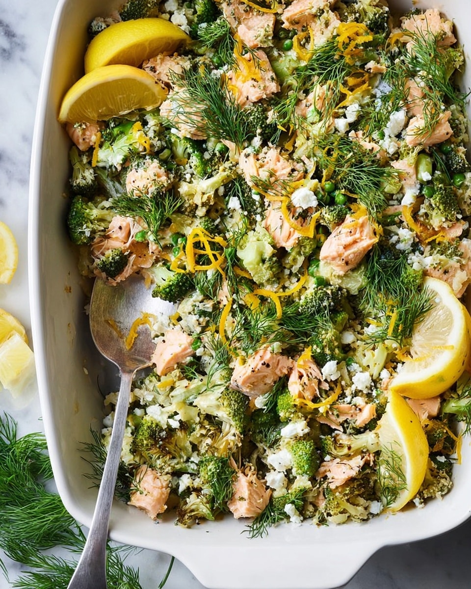 A white speckled bowl filled with a creamy, mixed dish that has three main layers: the base layer is soft, cream-colored rice or grain; scattered throughout are chunks of light brown cooked chicken pieces; and bright green broccoli florets and herbs are mixed in for color and texture. The top is garnished with delicate sprigs of fresh dill and thin yellow lemon zest curls, with some red pepper flakes adding tiny pops of red. The bowl sits on a matching white speckled plate, with a silver spoon resting on the plate’s edge. In the background on a white marbled surface, there are fresh green herbs and a lemon wedge partly visible. photo taken with an iphone --ar 4:5 --v 7