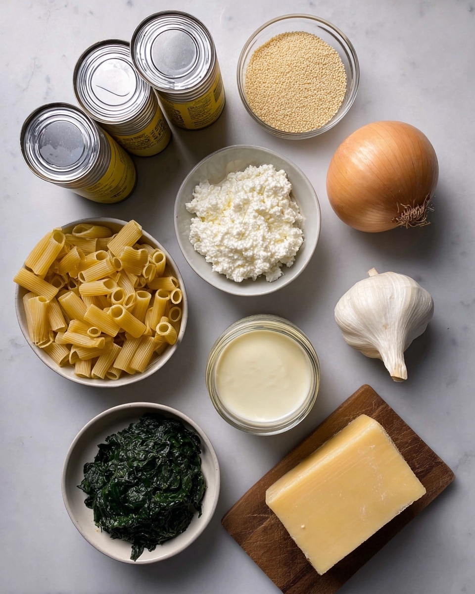 The image shows ingredients arranged on a white marbled surface. There are three silver cans with yellow labels on the top left, a small glass bowl of beige breadcrumbs to the right, and a garlic bulb below it. Below the garlic is a white bowl with white ricotta cheese, next to a jar of cream with a slightly yellow top. In the bottom left corner, there is a white bowl filled with uncooked light yellow tubular pasta. On the middle right, an onion sits beside a square block of dark green chopped spinach in a white bowl. At the bottom right, two pieces of light yellow cheese with hard textures rest on a small wooden board. photo taken with an iphone --ar 4:5 --v 7