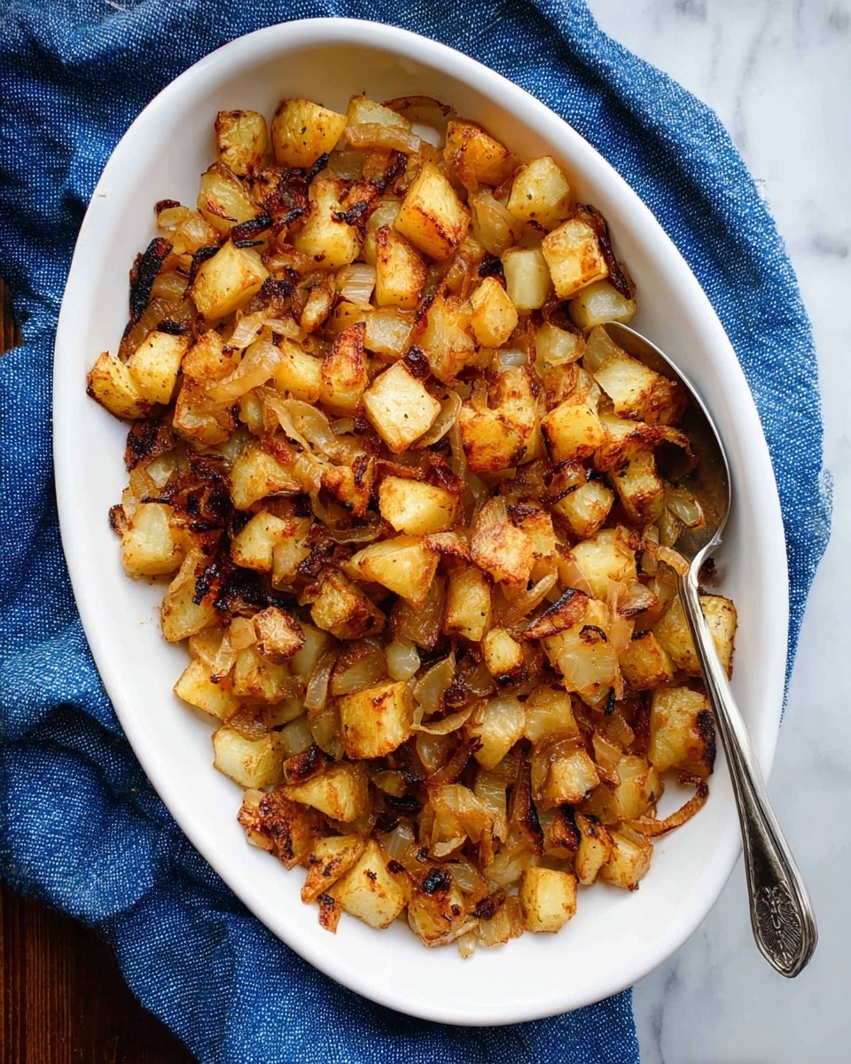 A white oval plate filled with many small, cubed pieces of browned potatoes, seasoned and cooked to a crispy texture with a mix of golden brown and darker brown edges. The plate rests on a white marbled surface with a blue cloth napkin partly visible at the top left. A metal fork is placed diagonally on the top right edge of the plate. photo taken with an iphone --ar 4:5 --v 7