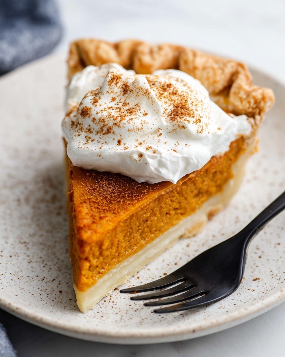A single slice of orange pumpkin pie with a golden-brown crust sits centered on a white plate, the crust forming a gentle ridge around the edge. On top of the pie slice is a dollop of white whipped cream sprinkled lightly with brown cinnamon powder, adding a soft texture contrast. The plate rests on a white marbled surface that adds subtle light reflections around it. photo taken with an iphone --ar 4:5 --v 7