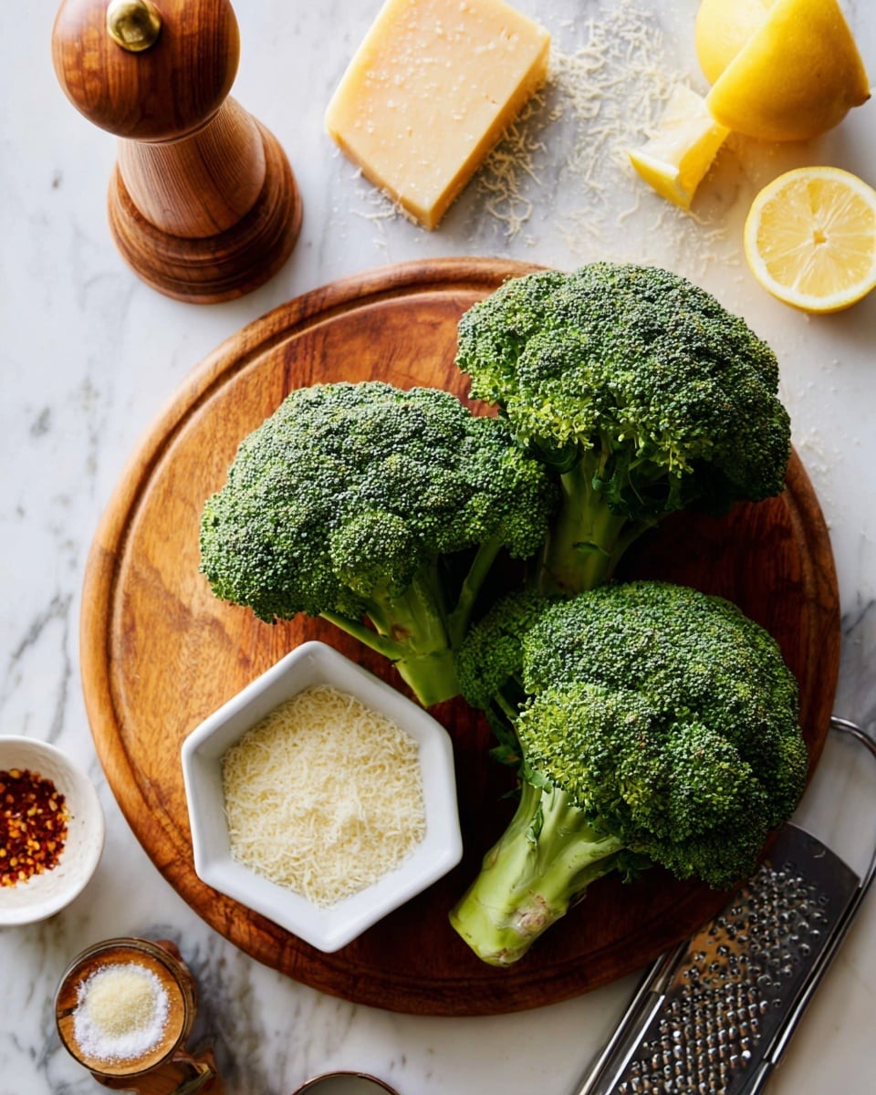 The image shows three large, fresh, green broccoli heads placed on a round wooden board. To the left of the broccoli, there is a white hexagon-shaped bowl filled with grated cheese. Below that, a smaller white bowl with some light-colored powdered seasoning is placed. The board is on a white marbled surface. Around the board, there is a tall wooden pepper grinder, a chunk of cheese next to a grater with some grated cheese scattered on the surface, a halved lemon on the top right, and a small white bowl with red chili flakes. Photo taken with an iphone --ar 4:5 --v 7
