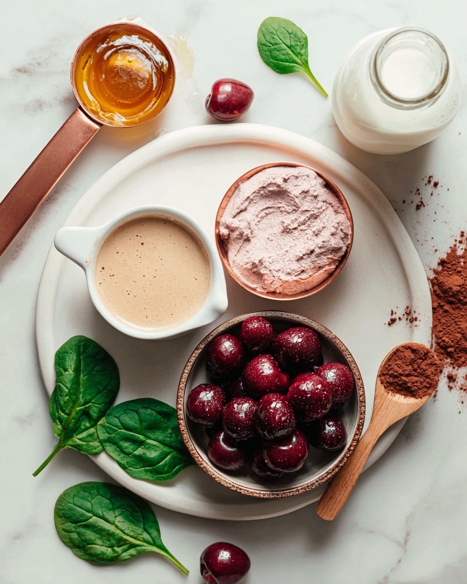A white plate on a white marbled surface holds three main items: a small white measuring cup filled with a light brown creamy substance on the left, a copper measuring cup filled with pale pink powder on the right, and a small brown bowl at the bottom filled with dark red frozen cherries. Around the plate are scattered frozen cherries, bright green spinach leaves with visible veins, a glass bottle with white liquid, a white ceramic spoon holding amber honey, and a wooden scoop full of cocoa powder. photo taken with an iphone --ar 4:5 --v 7