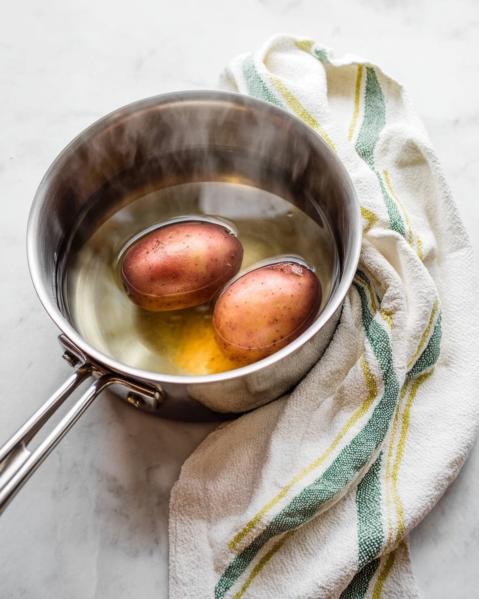A shiny metal pot filled with clear water, inside which two medium-sized reddish-brown potatoes float gently. Steam rises softly from the surface of the water, showing that it is hot. The pot’s handle extends toward the right side of the image. On the right side of the pot, there is a white cloth with horizontal green and yellow stripes, casually folded. The whole scene is set on a white marbled surface that brightens the image. photo taken with an iphone --ar 4:5 --v 7