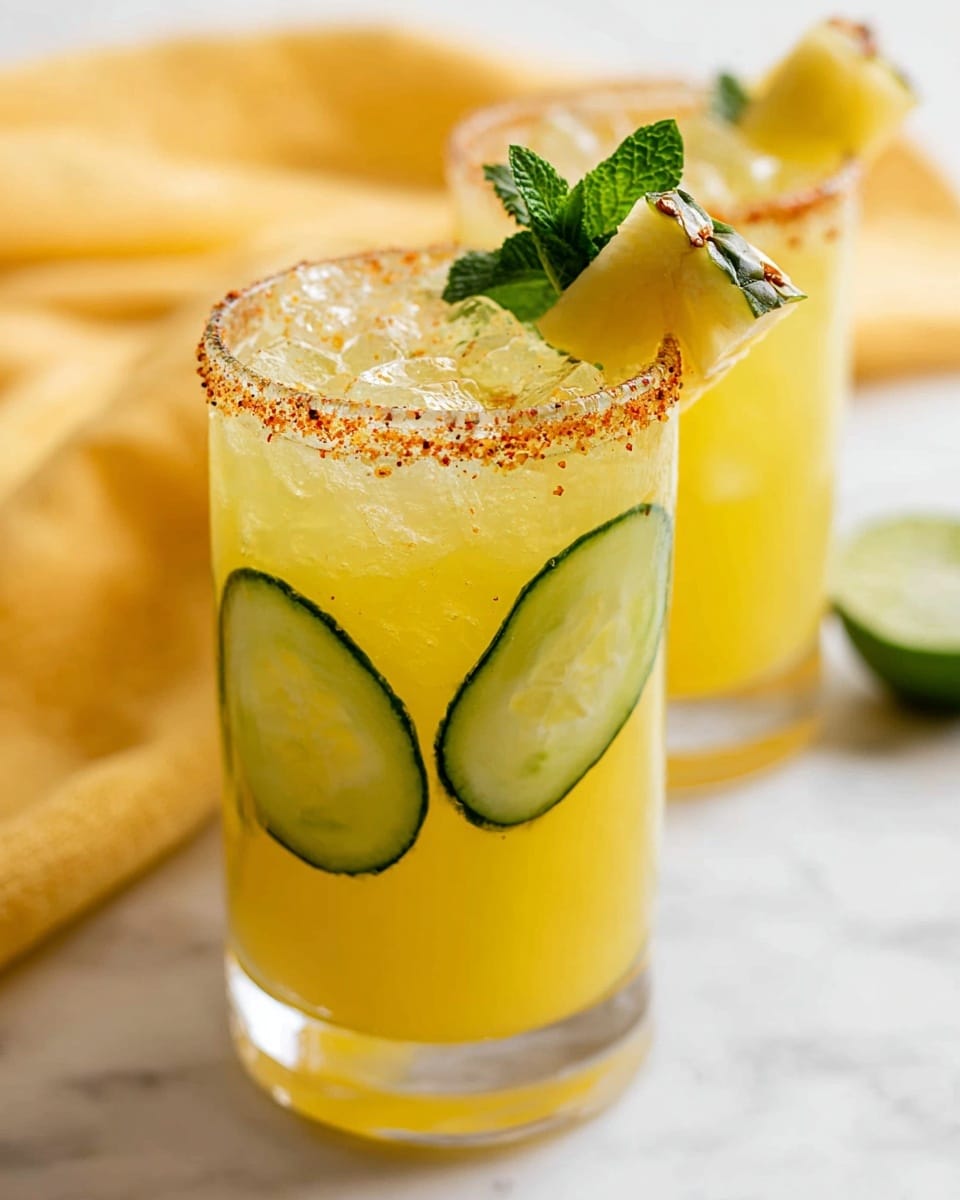 Two tall clear glasses filled with a yellow-orange cold drink with ice cubes floating inside. Each glass has a textured rim coated with a mix of small spices in brownish-red colors. Inside the glasses, there are several thin slices of green cucumber and some small green leaves. On top of the closest glass, there are two thin cucumber slices leaning against the rim, along with a small cube of pale yellow pineapple and a green mint leaf sticking up. The glasses sit on a white marbled surface. In the background, there is a blurry yellow cloth adding a soft touch of color. photo taken with an iphone --ar 4:5 --v 7