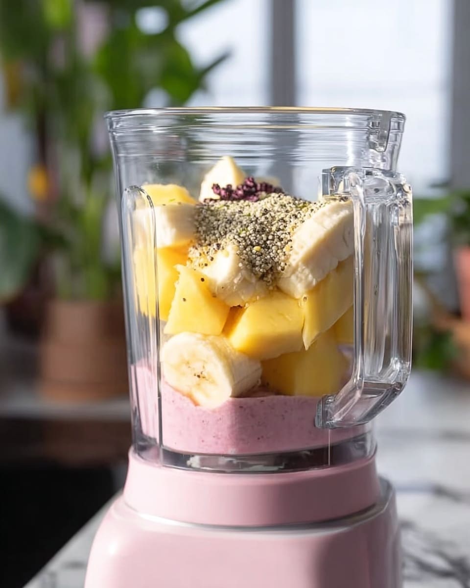 The image shows a clear blender with a pink base placed on a white marbled surface. Inside the blender are several layers of ingredients: at the bottom, there are chunks of yellow mango and banana slices around the edges, topped with some light brown hemp seeds sprinkled over them. In the very center, a few small dark-colored berries are visible under the hemp seeds. The background is softly blurred, showing some green plants and a bit of a window. The overall lighting is bright and natural. Photo taken with an iphone --ar 4:5 --v 7