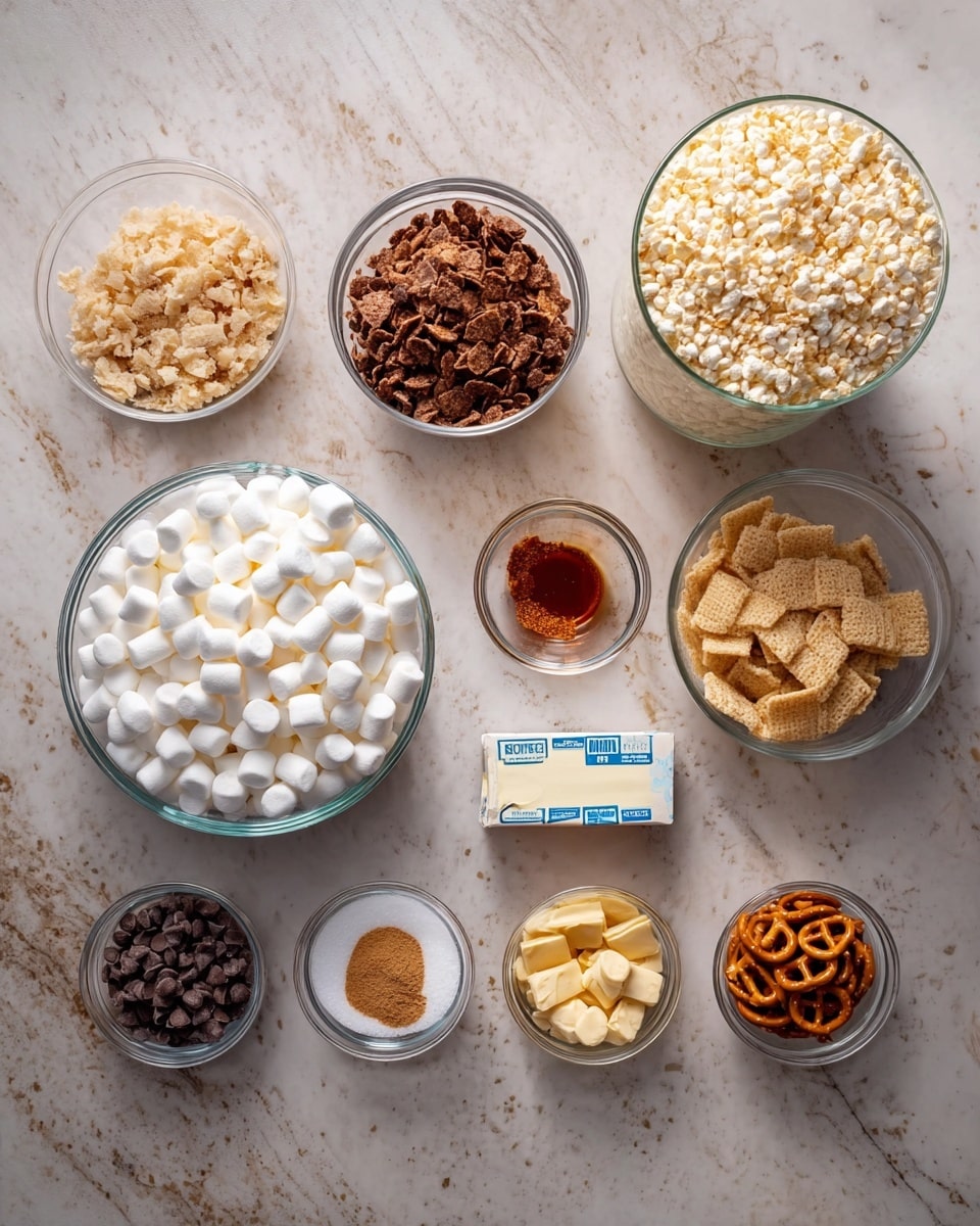 The image shows a setup of ingredients in clear glass bowls on a white marbled surface. The largest bowl in the bottom left is filled with many small white marshmallows. Above that bowl, there is a smaller bowl with dark brown chocolate cereal flakes. To the right of the marshmallows, a tall clear bowl holds light beige puffed rice cereal, and in front of it is a bowl with square light brown cereal pieces. On the bottom right, a bowl contains small dark chocolate chips next to an unopened stick of butter with blue writing. The middle row has three small clear bowls, from left to right: a light beige powder, a light brown spice, and a dark reddish liquid. At the top right corner, three small clear bowls hold pretzels, pale yellow potato chips, and a mix of nuts including almonds. The bowls are all white, and the lighting is natural, showing the texture and color of each ingredient clearly. photo taken with an iphone --ar 4:5 --v 7