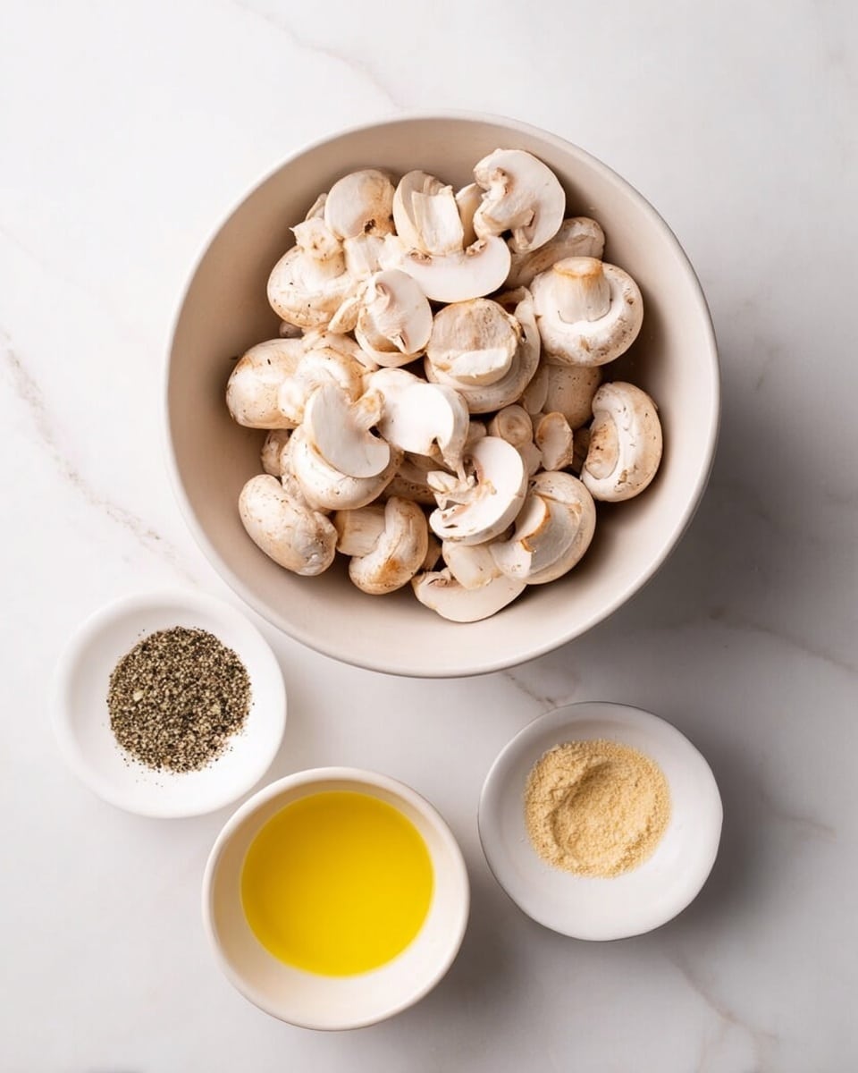 A top view of a large white bowl filled with many white mushrooms, some whole and some sliced, placed on a white marbled surface. Below the bowl are three small white bowls: one containing a yellow liquid, one with a mix of salt and black pepper, and the other filled with a light golden powder. The arrangement is simple and neat, showing all ingredients clearly. photo taken with an iphone --ar 4:5 --v 7