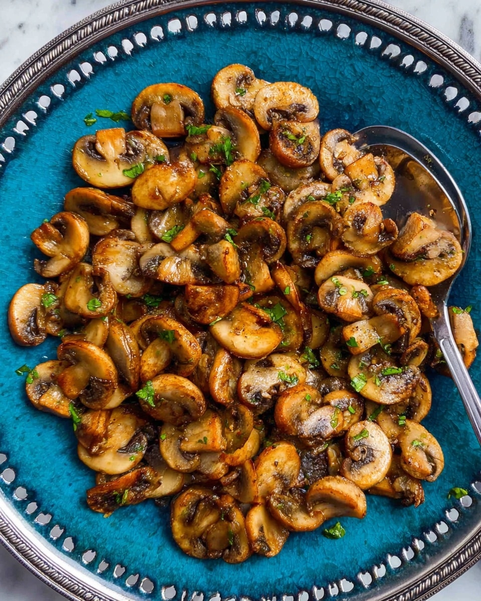 The image shows a close-up of golden brown cooked mushroom slices stacked in a shallow white bowl on a white marbled surface. There are about two layers of mushrooms, each slice having a slightly crispy edge with a soft, shiny texture in the middle. Small bits of green herbs are sprinkled on top, adding contrast. A silver spoon is partially scooping some mushroom slices from the bowl, with a woman's hand holding the spoon. The lighting highlights the warm, earthy tones of the mushrooms and the fresh green garnish, creating a cozy and appetizing look photo taken with an iphone --ar 4:5 --v 7