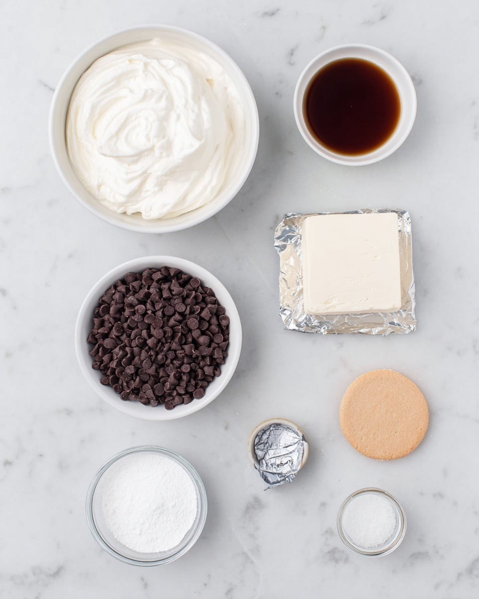 The image shows an overhead view of six ingredients placed on a white marbled surface. Starting from the top left, there is a large white bowl filled with smooth, white whipped cream. To the right, a small white bowl holds dark brown vanilla extract. Below the whipped cream is a white bowl full of small, dark brown chocolate chips. Next, on the right side, there is an unwrapped block of cream cheese resting on its silver foil wrapper. At the bottom left, a small white bowl contains white powdered sugar. To the right of that, another small white bowl holds a light brown round disc, which looks like a biscuit or cookie. Finally, near the bottom center, a small clear glass container with a metal lid contains coarse salt. Photo taken with an iphone --ar 4:5 --v 7